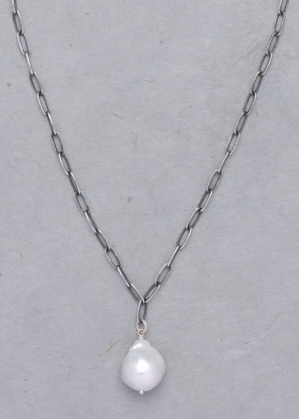 Baroque Pearl Paperclip Chain Necklace in Oxidized Silver - Image 3