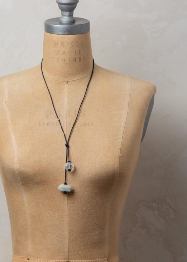 Moonstone & Quartz Adjustable Leather Necklace in Black - Image 3