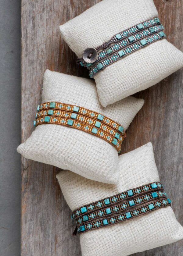 Turquoise Bloom Leather Wrap Bracelet in Greige - Image 3