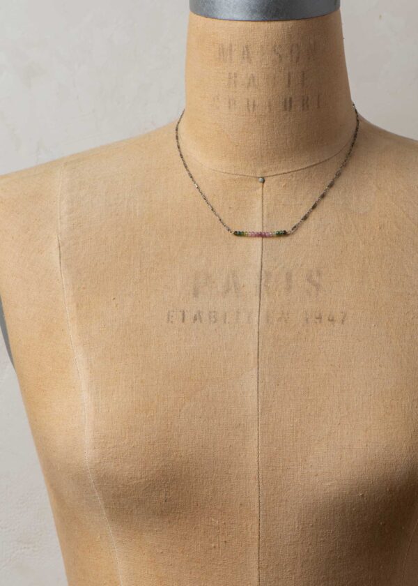 Watermelon Tourmaline Bar Necklace in Oxidized Silver - Image 4