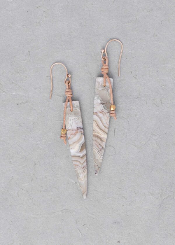 Lace Agate Spike and Leather Earrings in Gold - Image 3