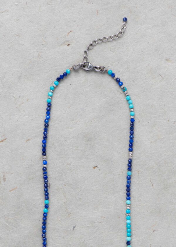 Tiny Lapis Beaded Necklace with Turquoise & Silver - Image 5