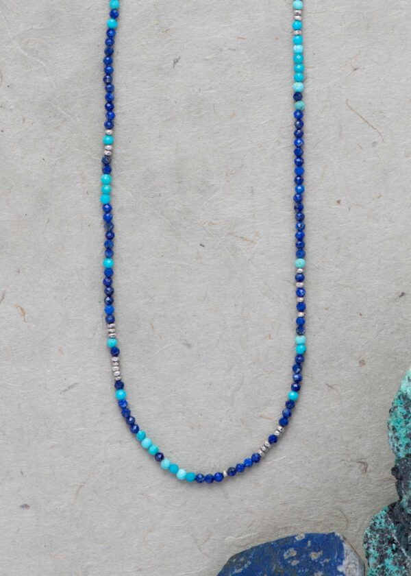 Tiny Lapis Beaded Necklace with Turquoise & Silver - Image 4