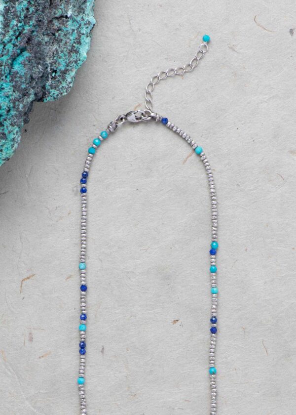 Tiny Silver Beaded Necklace with Lapis & Turquoise - Image 5