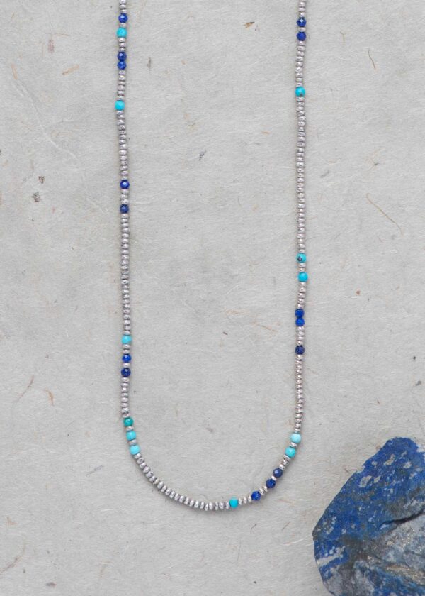 Tiny Silver Beaded Necklace with Lapis & Turquoise - Image 4