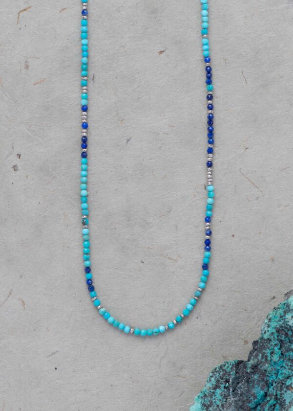 Tiny Turquoise Beaded Necklace with Lapis & Silver - Image 4