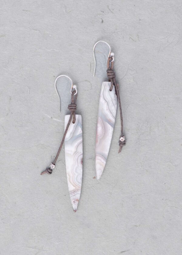 Lace Agate Spike and Leather Earrings in Silver - Image 3