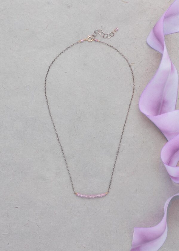 Lavender Pink Sapphire Bar Necklace in Oxidized Silver & 18Kt Gold